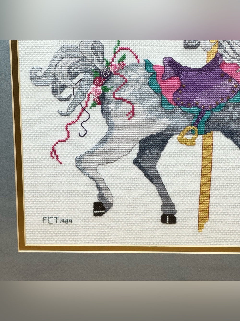 Handmade Cross Stitch Dapple Grey Carousel Horse Wall Art - Picture 4 of 7